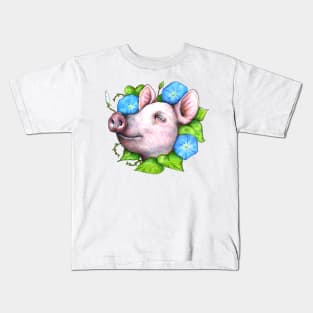 Pig in the Morning Glories Kids T-Shirt